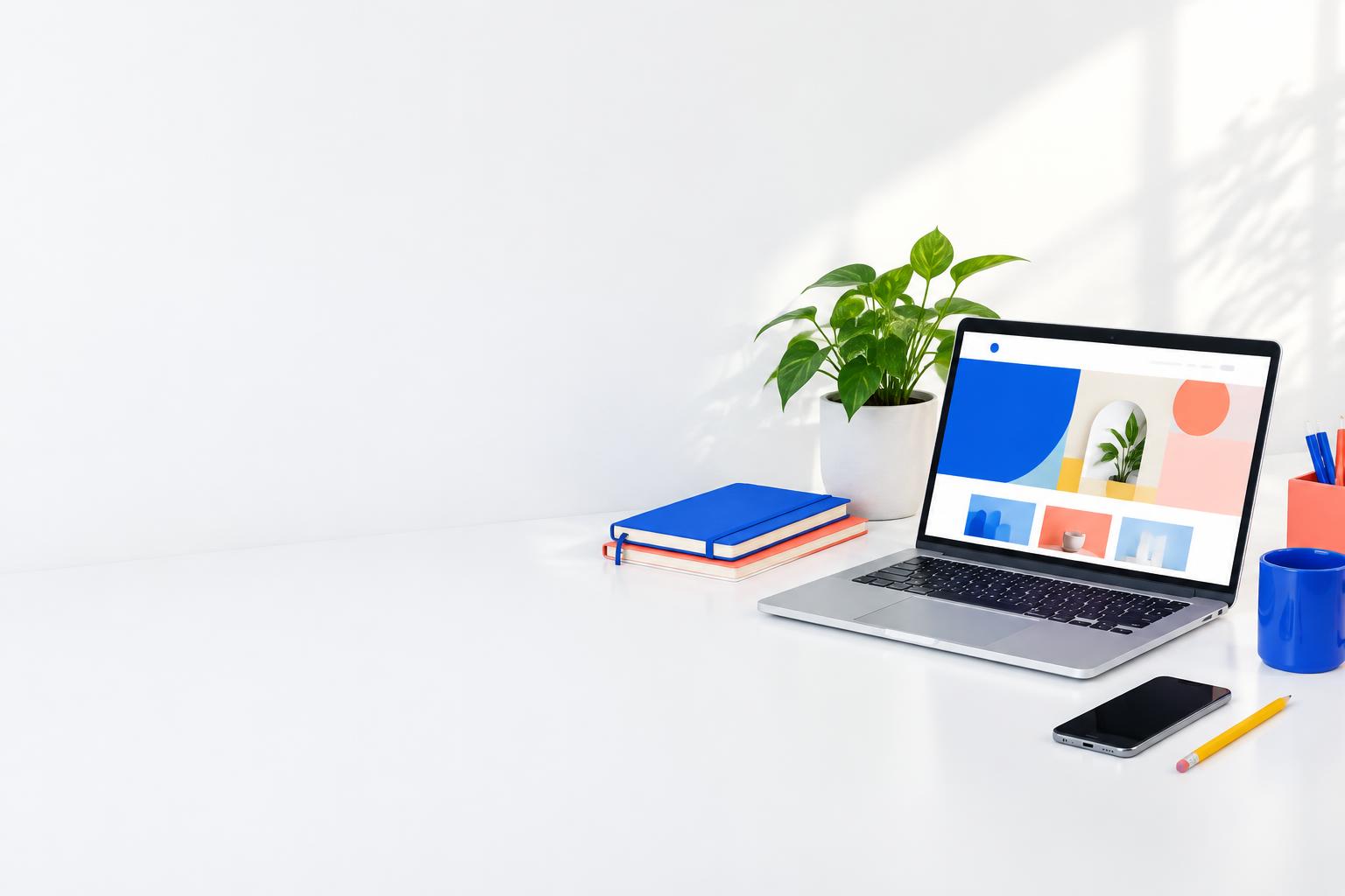 Bright workspace with a laptop displaying a colorful small-business website