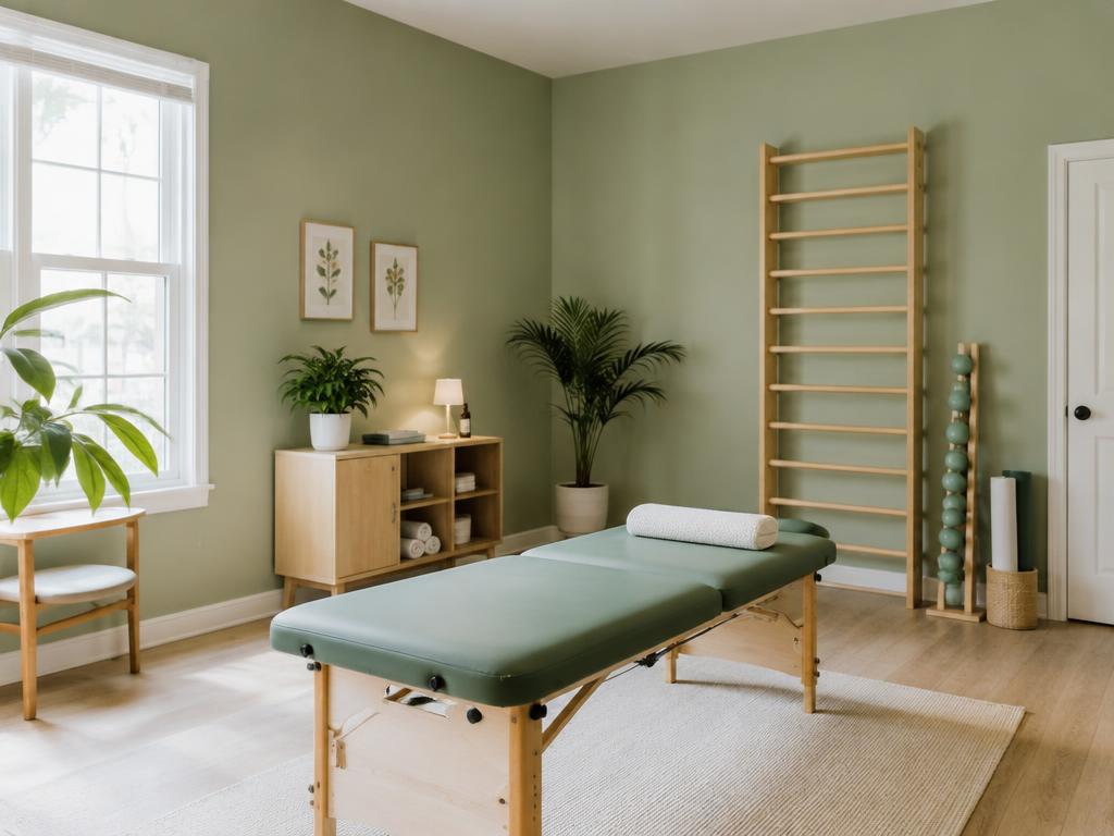 Bright physiotherapy treatment room in soft green tones